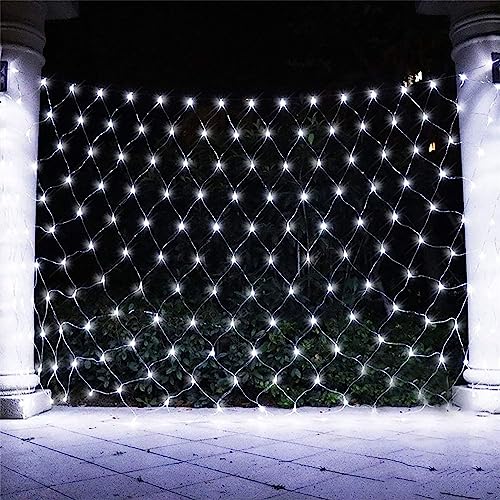 DINOWIN Lichternetz Außen Batteriebetrieben 2x3M 192LED Garden Net Lichter 8 Modi Dekoration Beleuchtung Wasserdicht Netz Lichtervorhang für Halloween Weihnachten Hochzeit Party (Weiß) von DINOWIN