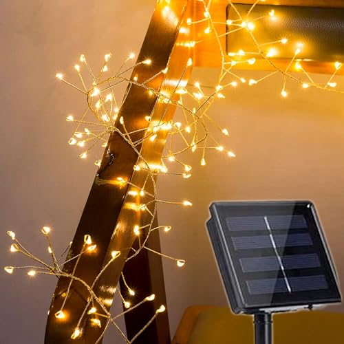 DINOWIN Solar Cluster Lichterkette Außen 29.5Ft 300 LED Wetterfest 8 Modi Silber Draht Lichterkette Outdoor für Balkon Garten Terrasse Party Hochzeit Deko (Warmweiß) von DINOWIN