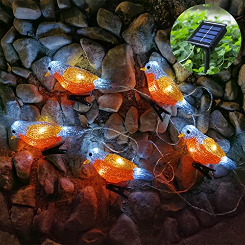 DINOWIN Solar LED Acryl Vogel Lichterkette mit Clip 4 Stück 5 LED Wasserdichte Solar Tier Lichterkette 8 Modi Vögel Figuren Deko für Weihnachten, Garten, Party, Hochzeit (Rot+Orange) von DINOWIN