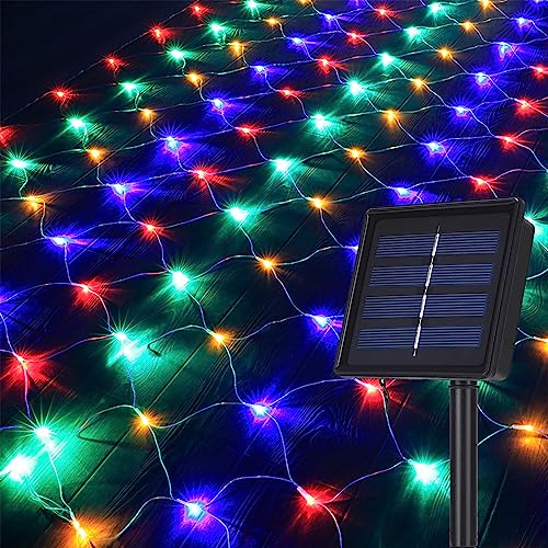 DINOWIN Solar LED Lichternetz Außen 1.5 x 2M 120 LED Lichterkette Netzlicht Mesh Lichtervorhang 8 Modi Baum Lichterkette für Party Garten Balkon Hochzeit Geburstag Weihnachten (Vielfarbig) von DINOWIN