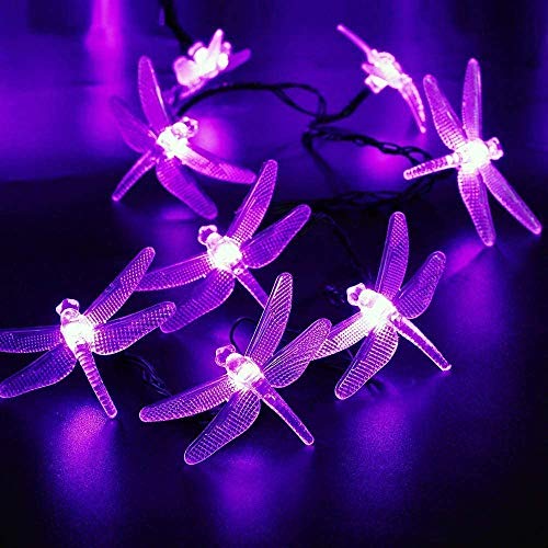 Solar Lichterkette Außen,DINOWIN 20ft 30 LED Libelle Licht,Wasserdichte lichterkette Dekorative für Garten, Party, Hochzeit, Haus,Fest Deko Beleuchtung,8 Beleuchtungsmodi (lila) von DINOWIN