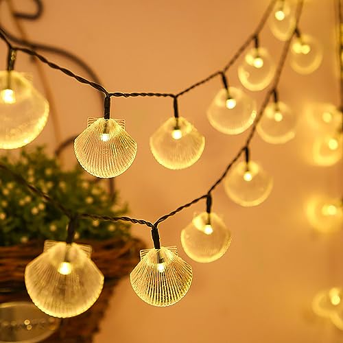 DINOWIN Solar Lichterkette Muscheln 13FT 20LED Wasserdicht 8 Modi Muschelkette Schale Lichterkette Deko für Strand Badezimmer Halloween Hochzeit Deko (Warmweiß) von DINOWIN