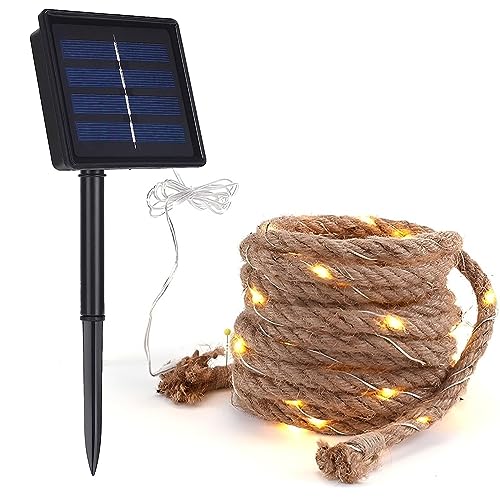 DINOWIN Solar Lichterkette Seil Aussen Wetterfest Sisalstern Beleuchtet Lampe Vintage LED Hanfseil Gartenleuchte Deko für Garten Terrasse Balkon Bäume Weihnachten (5M 100 LED) von DINOWIN