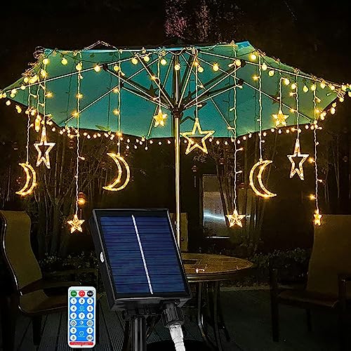 DINOWIN Solar Lichterketten Vorhang Aussen 138 LEDs Wasserdicht Sterne Mond LED Lichterkette mit Fernbedienung 8 Modi Lichtervorhang für Garten Pavillon Weihnachten Hochzeit Party (Warmweiß) von DINOWIN