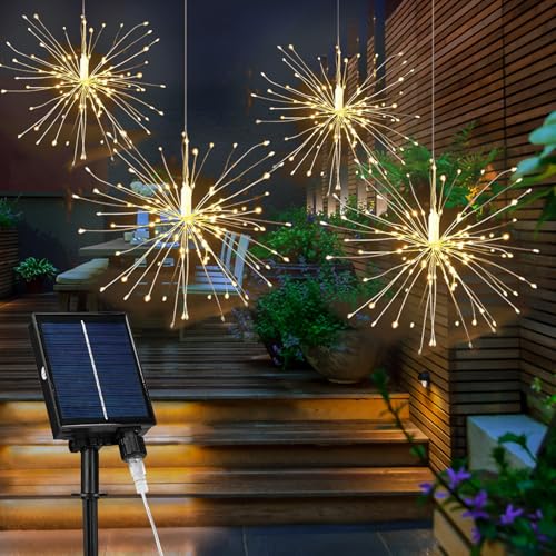 DINOWIN Solar Pusteblume Garten Lichter 4 Stück 120 LED Feuerwerk Lichterkette mit Fernbedienung 8 Modes Wasserdichte Kupferdraht Lichter für Garten Baum Deko (Warmweiß) von DINOWIN