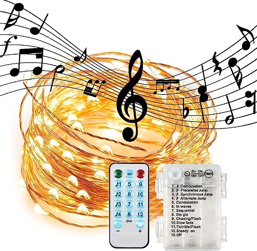 Wasserdichtes LED-Kupfer-Licht,Ton aktivierten Musik-Licht-Kupferdraht Lichter Warmweiß DINOWIN 100 LED 11Modus Batterie Lichterkette für Schlafzimmer,Party,Weihnachts Dekorative (1 Pcs) von DINOWIN