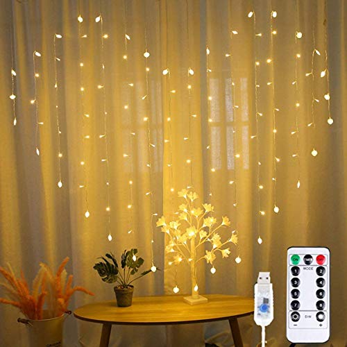 LED Lichtervorhang Herzförmig, DINOWIN 34 Herz 128LED 8 Modi Sterne Lichterketten USB Lichterkettenvorhang für Weihnachten, Innen Außen Garten Party Hochzeit, Partydekoration (Warmweiß) von DINOWIN