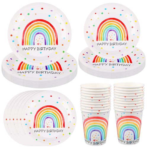 Rainbow Partygeschirr Set, 64 Teile Rainbow Geburtstag Geschirrset Deko mit Rainbow Pappteller Kindergeburtstag Set, Party Kindergeburtstag Geburtstag Party Dekoration Junge Mädchen für 16 Gäste von DINSONG