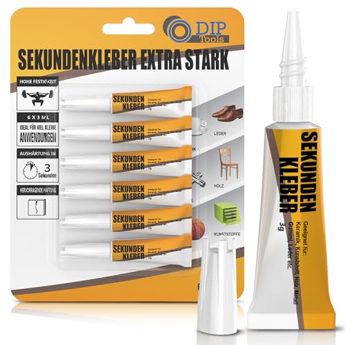 DIP-Tools Sekundenkleber extra stark 6x3ml, schnelltrocknend & ablauffest, Metall Keramik Gummi Kunststoff Holz Leder, Superkleber Powerkleber Alleskleber Spezialkleber Metallkleber Keramikkleber von DIP Tools