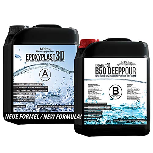 22,5 KG Epoxidharz EpoxyPlast 3D B50 Deep Pour Ultra Diamantklar River Tisch mit Exzellentem UV-Schutz I Epoxi Gießharz Glasklar für große Vergusshöhen mit Maximaler Klarheit von DIPON.DE HIGH PERFORMANCE LIQUIDS & PIGMENTS