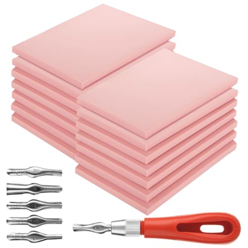 DIRBUY Gummi-Linolschnitt-Set, 10,2 x 15,2 cm, Stempelherstellungs-Set mit Linolschnitt-Werkzeugen, rosa Gummi-Block-Stempel-Druckset für Druckherstellung, DIY, 15 Stück von DIRBUY