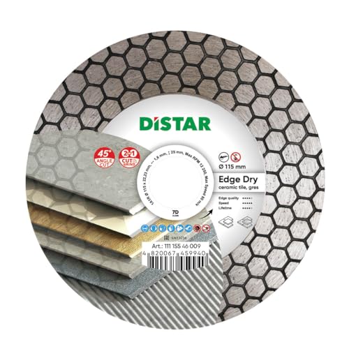 DISTAR Diamanttrennscheibe, 115 mm, für Schrägschnitte, Schrägschnitte, 45-Grad-Schnitte, doppelseitige Diamantschicht, 25 mm, geeignet zum Schneiden von Keramik, Porzellan, Marmor usw. von DISTAR