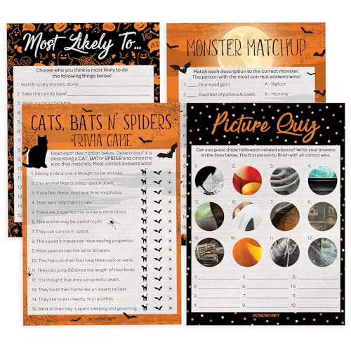DISTINCTIVS Halloween-Partyspiel-Set – Monster Matchup, am wahrscheinlichsten Bild-Quiz & Katzen, Bats N' Spiders Trivia-Spiel (4 Spiel-Bundle) – Klassenzimmer-Eisbrecher – 25 Spieler von DISTINCTIVS
