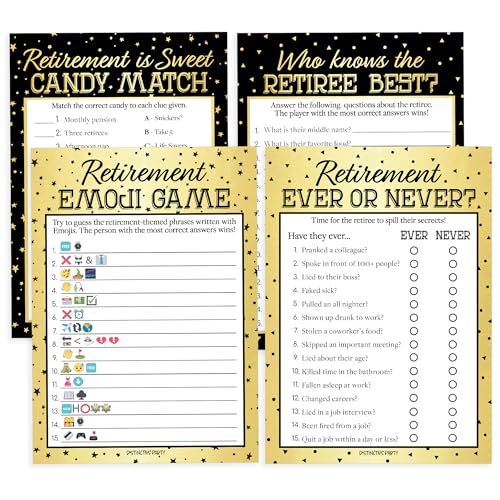 DISTINCTIVS Partyspiele für den Ruhestand - Emoji, Candy Match, Ever or Never & Who Knows The Retiree Best 4 Game Bundle für 20 Gäste von DISTINCTIVS