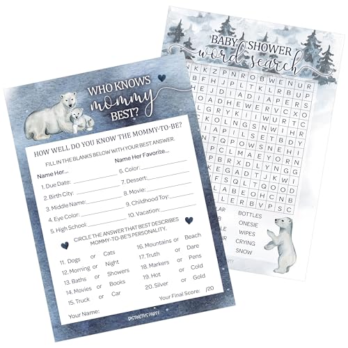 DISTINCTIVS We Can Bearly Wait Winter Baby Shower Party Games – Who Knows Mommy Best and Word Search (2 Game Bundle) – 20 Karten von DISTINCTIVS