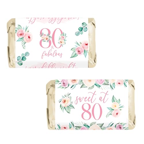 Mini-Süßigkeiten-Bar-Wrapper zum 80. Geburtstag, Blumenmotiv, 45 Stück, Dekoration für Frauen zum 80. Geburtstag, Rosa von DISTINCTIVS