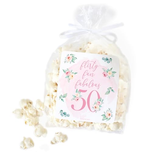 Pinke Blumen-Aufkleber zum 50. Geburtstag, Partyzubehör, Popcornbeutel und Chiptüten-Aufkleber, 32 Stück, Dekoration zum 50. Geburtstag für Frauen von DISTINCTIVS