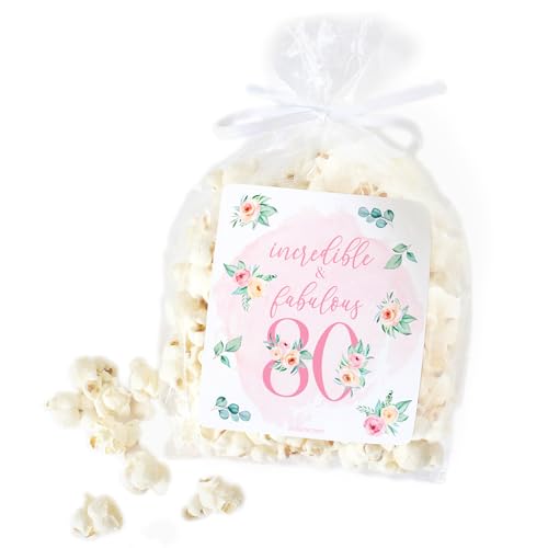 Pinke Blumen-Aufkleber zum 80. Geburtstag, Partyzubehör, Popcornbeutel und Chiptüten-Aufkleber, 32 Stück, Dekoration für Frauen zum 80. Geburtstag von DISTINCTIVS