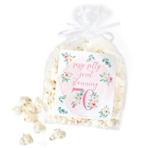 Pinke Blumenaufkleber zum 70. Geburtstag, Partyzubehör, Popcornbeutel und Chiptüten-Aufkleber, 32 Stück, Dekoration für Frauen zum 70. Geburtstag von DISTINCTIVS