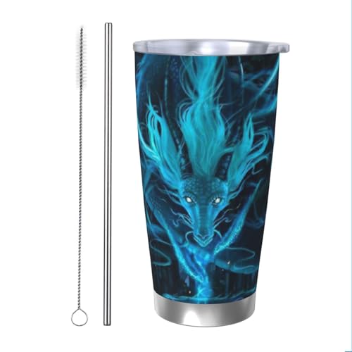 Blue Dragon Thermobecher aus Edelstahl, vakuumisoliert, langlebig, isoliert, mit spritzwassergeschütztem Deckel, Metallstrohhalm und Bürste, Thermobecher für den Außenbereich, 590 ml von DITXIT