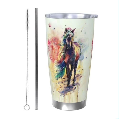 DITXIT Watercolor Horse Thermobecher aus Edelstahl, vakuumisoliert, langlebig, isoliert, mit spritzwassergeschütztem Deckel, Metall-Trinkhalm und Bürste, Thermobecher für den Außenbereich von DITXIT