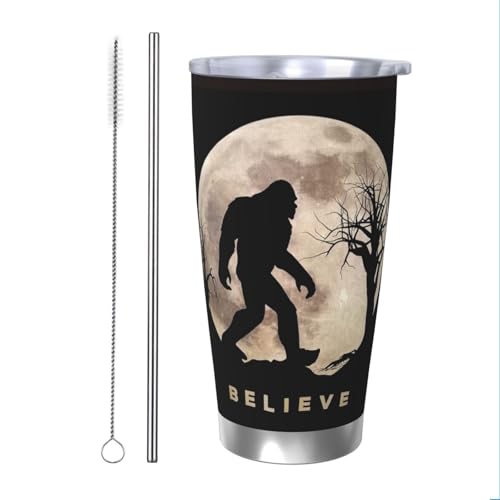 Funny Bigfoot Sasquatch Full Moon Trinkbecher, Edelstahl, vakuumisoliert, Reisebecher, langlebig, isoliert, mit spritzwassergeschütztem Deckel, Metallstrohhalm und Bürste, Thermobecher für den von DITXIT