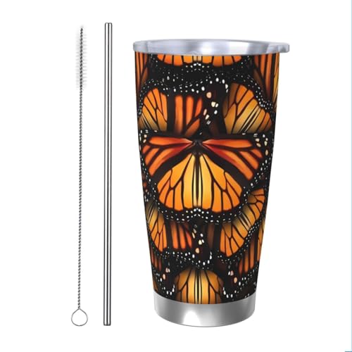 Orange Monarch Butterflies Trinkbecher aus Edelstahl, vakuumisoliert, Reisebecher, langlebig, isoliert, mit spritzwassergeschütztem Deckel, Metallstrohhalm und Bürste, Thermobecher für den von DITXIT