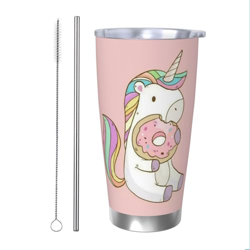 Rainbow Unicorn and Donut Trinkbecher, Edelstahl, vakuumisoliert, Reisebecher, langlebig, isoliert, mit spritzwassergeschütztem Deckel, Metallstrohhalm und Bürste, Thermobecher für den Außenbereich von DITXIT