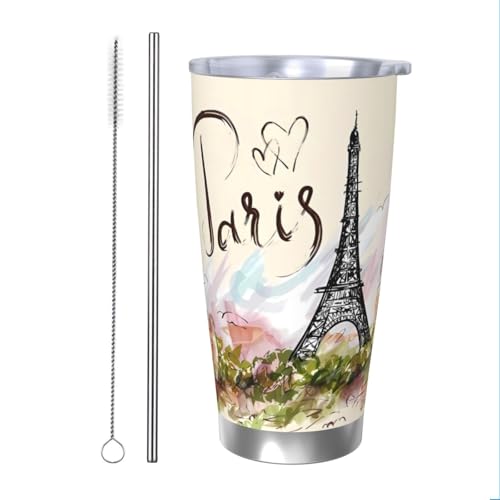 The Famous Paris Eiffelturm Becher aus Edelstahl, vakuumisoliert, langlebig, isoliert, Reisebecher mit spritzwassergeschütztem Deckel, Metallstrohhalm und Bürste, Thermobecher für den Außenbereich von DITXIT