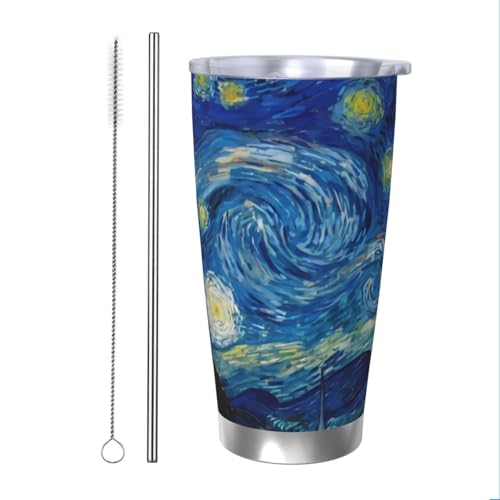 The Starry Night Van Gogh Trinkbecher aus Edelstahl, vakuumisoliert, langlebig, isoliert, mit spritzwassergeschütztem Deckel, Metallstrohhalm und Bürste, Thermobecher für den Außenbereich von DITXIT