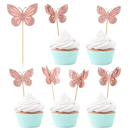 48 Stück Schmetterlings Cupcake Topper Rosa 3D Schmetterlings Tortendeko Damen Mädchen Geburtstagskuchen Cupcake Deko DIY für Valentinstag Hochzeit Geburtstag Party Jahrestag Babyparty von DIVINA VITAE