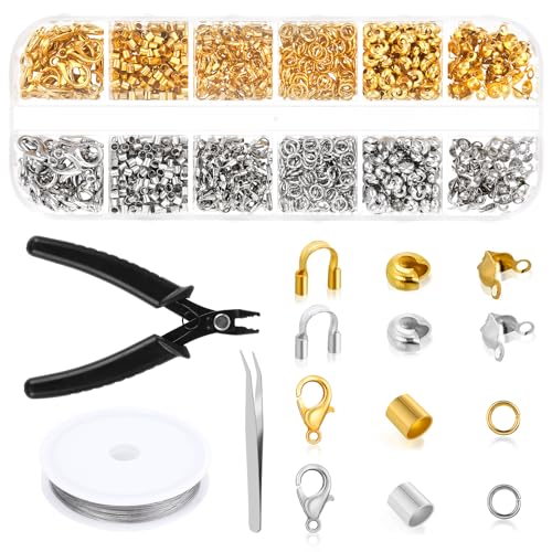 DIVINA VITAE 1200stk Quetschperlen Set, Karabinerverschlüsse, Crimp Perlen Set, Quetschröhrchen Tube Crimp Perlen Karabinerverschlüsse mit 6 Zubehörteilen für Schmuckherstellung (Silber, Gold) von DIVINA VITAE