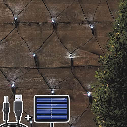 204 LED Lichternetz, 3M x 2M Lichterkette Netzlicht Solar/USB-Betrieben, Wasserdichte Mesh Lichtervorhang, Christbaum Lichterkette für Weihnachten Party Garten Indoor Draussen Dekorationen, KaltesWeiß von DIWUJI