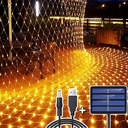 204 LED Lichternetz, 3M x 2M Lichterkette Netzlicht Solar/USB-Betrieben, Wasserdichte Mesh Lichtervorhang, Christbaum Lichterkette für Weihnachten Party Garten Indoor Draussen Dekorationen - Warmweiß von DIWUJI