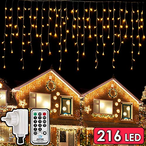 216 LED Lichterkette, 5.5M Eiszapfen Lichter mit EU stecker, 8 Leuchtmodi Dimmbar, Eisregen Lichtervorhang mit Remote Timer, Außen Innen Deko für Weihnachten Garten Party Hochzeit Winter (Warmweiß) von DIWUJI