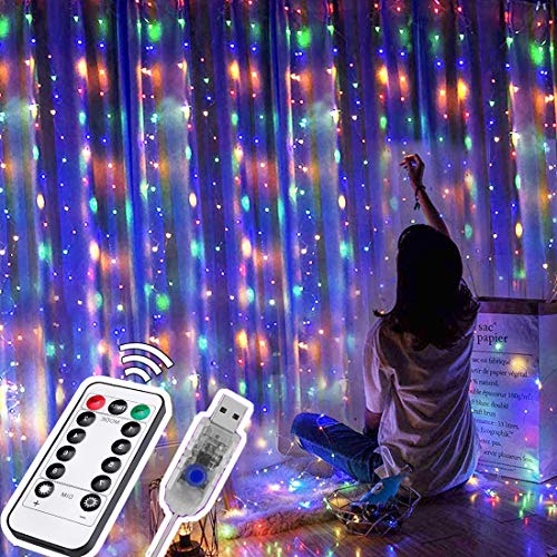 3Mx3M LED Vorhang Lichter, 300 LEDs Fenster Lichterkette Wasserdicht mit Haken, 8 Modi Deko Vorhang Licht USB mit Fernbedienung & Timer für Weihnachten Party Schlafzimmer Innen außen, Mehrere Farben von DIWUJI