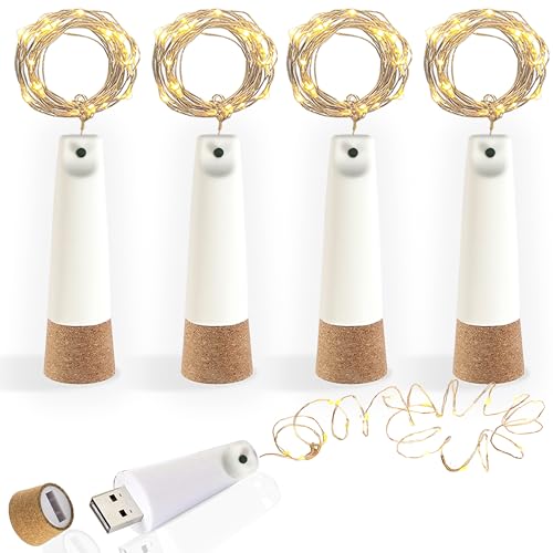 USB Wiederaufladbare Flaschenlichter, 2M 20 LED Korklichter für Flaschen, 8 Modi Kupferdraht LED Lichterkette, DIY Dekoration für Weihnachten, Hochzeit, Party, Außenbereich, Gläser (Warmweiß, 4 Stück) von DIWUJI