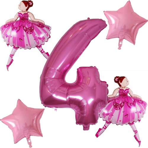 DIWULI Ballerina Geburtstag Deko 4 Jahre Set - Ballerina Deko Ballett Prinzessin Luftballon, Zahlen-Ballon Zahl 4 Luftballon Pink, Folien-Ballon Tänzerin Ballett-Figur 4. Kinder-Geburtstag Mädchen von DIWULI