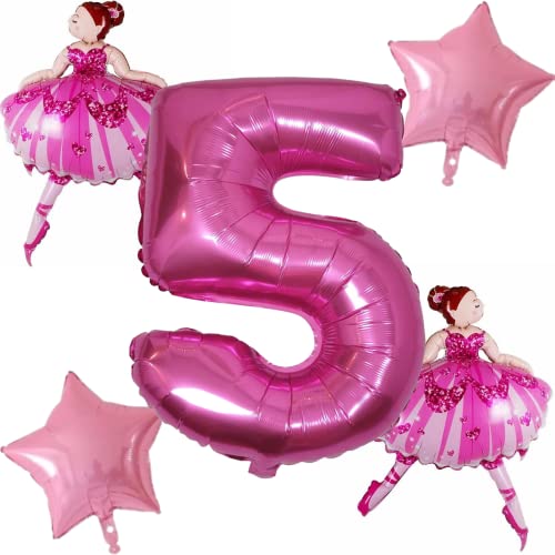 DIWULI Ballerina Geburtstag Deko 5 Jahre Set - Ballerina Deko Ballett Prinzessin Luftballon, Zahlen-Ballon Zahl 5 Luftballon Pink, Folien-Ballon Tänzerin Ballett-Figur 5. Kinder-Geburtstag Mädchen von DIWULI