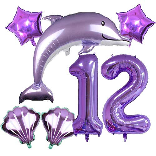 DIWULI großes Delfin Luftballon Set, XXL Zahl 12 Zahlen-Ballon Lila, Muschel Folien-Ballons, 12. Geburtstag, Kindergeburtstag Mädchen, Motto-Party, Dekoration, Meer, Meerestier, Folien-Luftballon von DIWULI