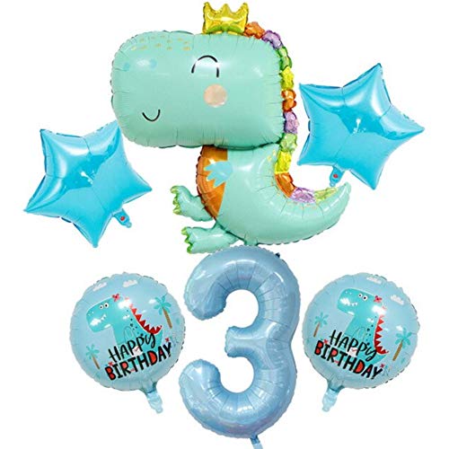 DIWULI Dino Geburtstag Deko 3 Jahre - Dino Deko Kindergeburtstag 3 Jahre, Zahlen-Ballon Zahl 3 Luftballon blau, Dino Luftballon Set T-Rex groß, Dino Ballon Dekoration Junge Dinosaurier Geburtstag Deko von DIWULI