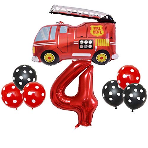 DIWULI Feuerwehr Geburtstag Deko 4 Jahre - Feuerwehr Deko Kindergeburtstag Luftballons, Zahlen-Ballon Zahl 4 rot, Feuerwehr Kindergeburtstag Geburtstagsdeko Feuerwehr Deko Junge Set Party Dekoration von DIWULI