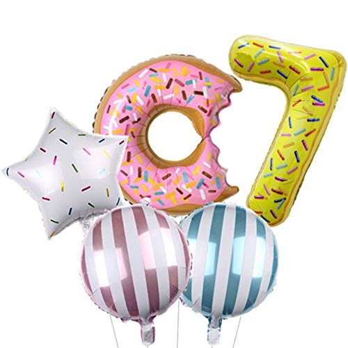 DIWULI Geburtstagsdeko 7 Jahre Luftballons Donut - Luftballons 7 Geburtstag Sweets Folienballon 7, Zahl 7 Ballon 7 Jahre Deko Kinder-Geburtstag Junge Mädchen Dekoration Zahlen-Ballon Stern-Ballon von DIWULI