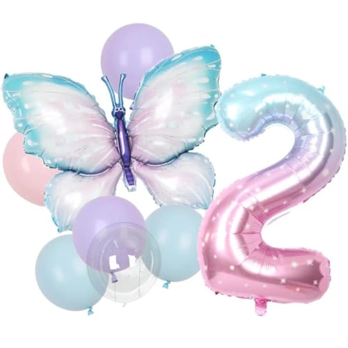 DIWULI Schmetterling Ballon-Set Zahl 2 • Luftballons Geburtstagsdeko Geburtstagsballons Party-Deko • 2. Kinder-Geburtstag Mädchen Junge • Folien-Ballons Folien-Luftballons Zahlen-Ballon Butterfly von DIWULI