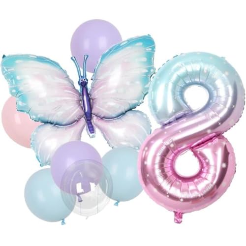 DIWULI Schmetterling Ballon-Set Zahl 8 • Luftballons Geburtstagsdeko Geburtstagsballons Party-Deko • 8. Kinder-Geburtstag Mädchen Junge • Folien-Ballons Folien-Luftballons Zahlen-Ballon Butterfly von DIWULI