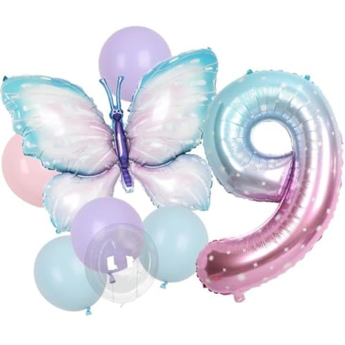 DIWULI Schmetterling Ballon-Set Zahl 9 • Luftballons Geburtstagsdeko Geburtstagsballons Party-Deko • 9. Kinder-Geburtstag Mädchen Junge • Folien-Ballons Folien-Luftballons Zahlen-Ballon Butterfly von DIWULI