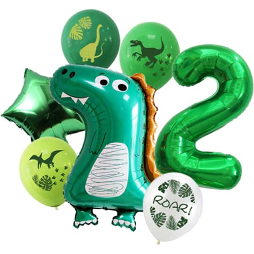 DIWULI Dinosaurier Luftballon Set, Dino-Ballon, XL Zahl 2 Zahlen-Ballon Grün, Folien-Ballon 2. Kinder-Geburtstag Junge, Motto-Party, Dekoration Tyrannosaurus Rex, T-Rex Folien-Luftballon Latex-Ballon von DIWULI