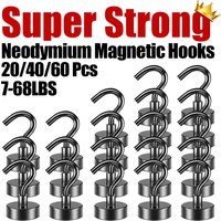 20/40/60Pcs Strong Magnetic Hooks Black Magnetic Hooks with Epoxy Coating Heavy Duty Neodymium Magnet Hooks for Kitchen