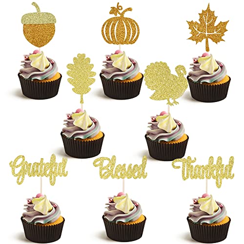 24 Stück Thanksgiving-Cupcake-Topper, Herbsternte-Themen-Kuchendekoration, Truthahn-Essen mit Kürbis-Party-Dekoration, Thanksgiving-Party-Dekoration, Zubehör von Bekaterea