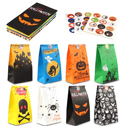 40 Stück Halloween Papiertüten, Halloween Party Geschenktüten, Halloween Tüten für Süßigkeiten, Halloween Candy Tüten, Halloween Geschenktüten Papier mit Aufkleber, für Geburtstag Party Halloween